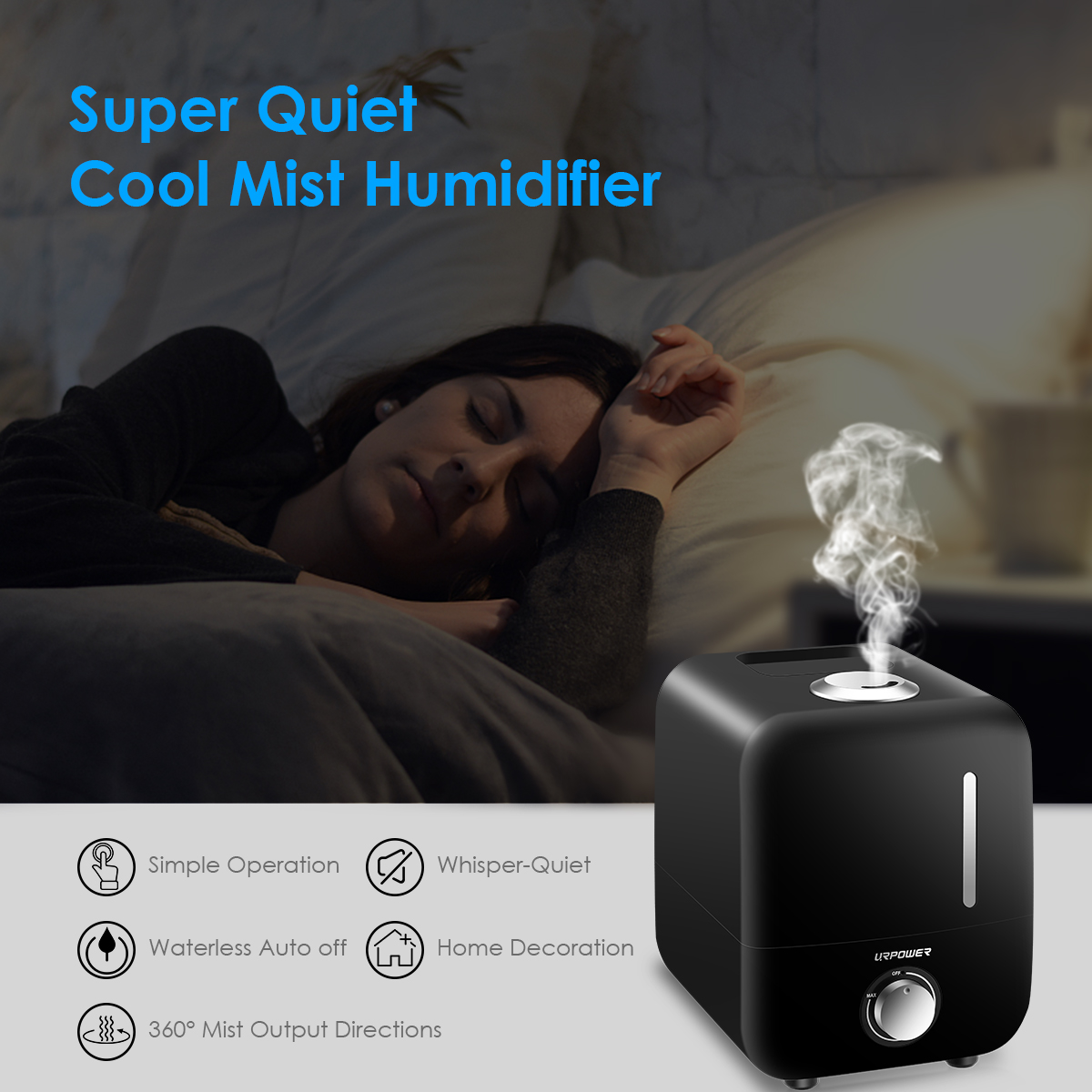 URPOWER Cool Mist Humidifier Waterless Auto Off with Filter Adjustable Mist Direction & Output