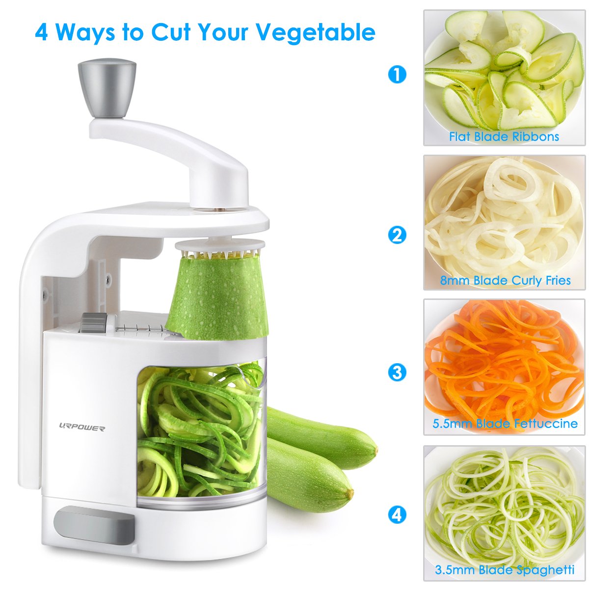 URPOWER Spiralizer Vegetable Slicer 4-Blade Vegetable Spiralizer, Veggie Pasta Spaghetti Maker, Perfect for Salad, Zucchini Noodles, Pasta and Cut Vegetables, Make Low Carb/Paleo/Gluten-Free Meals