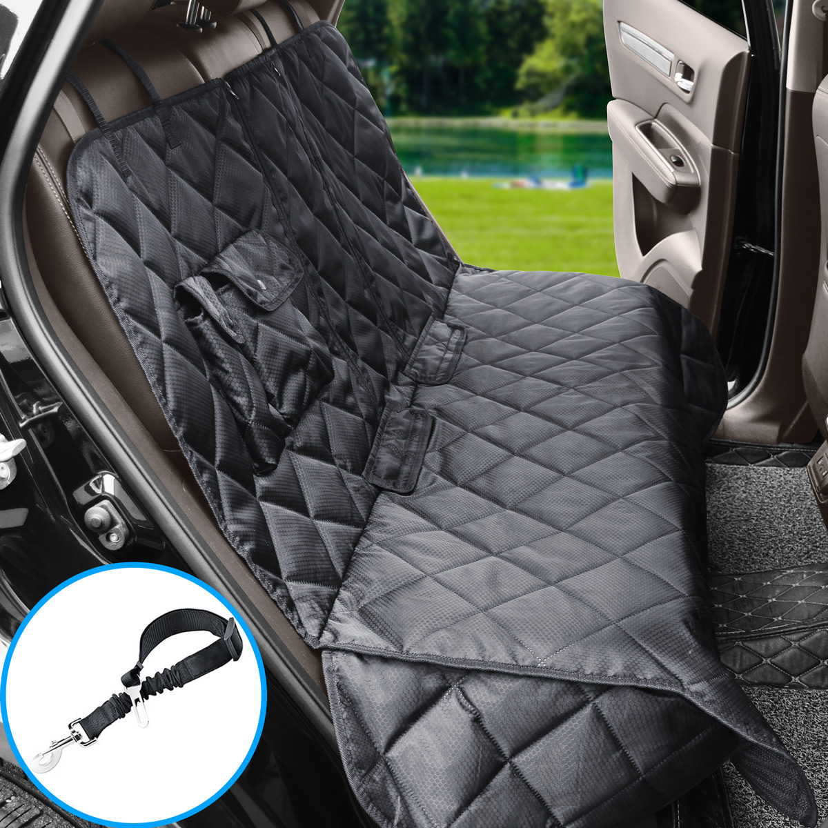 Dog Seat Covers 100% Waterproof Pet Car Seat Cover Nonslip Bench Seat Covers Armrest Compatible for Back Seat with Pet Seat Belts for Cars Trucks & SUVs