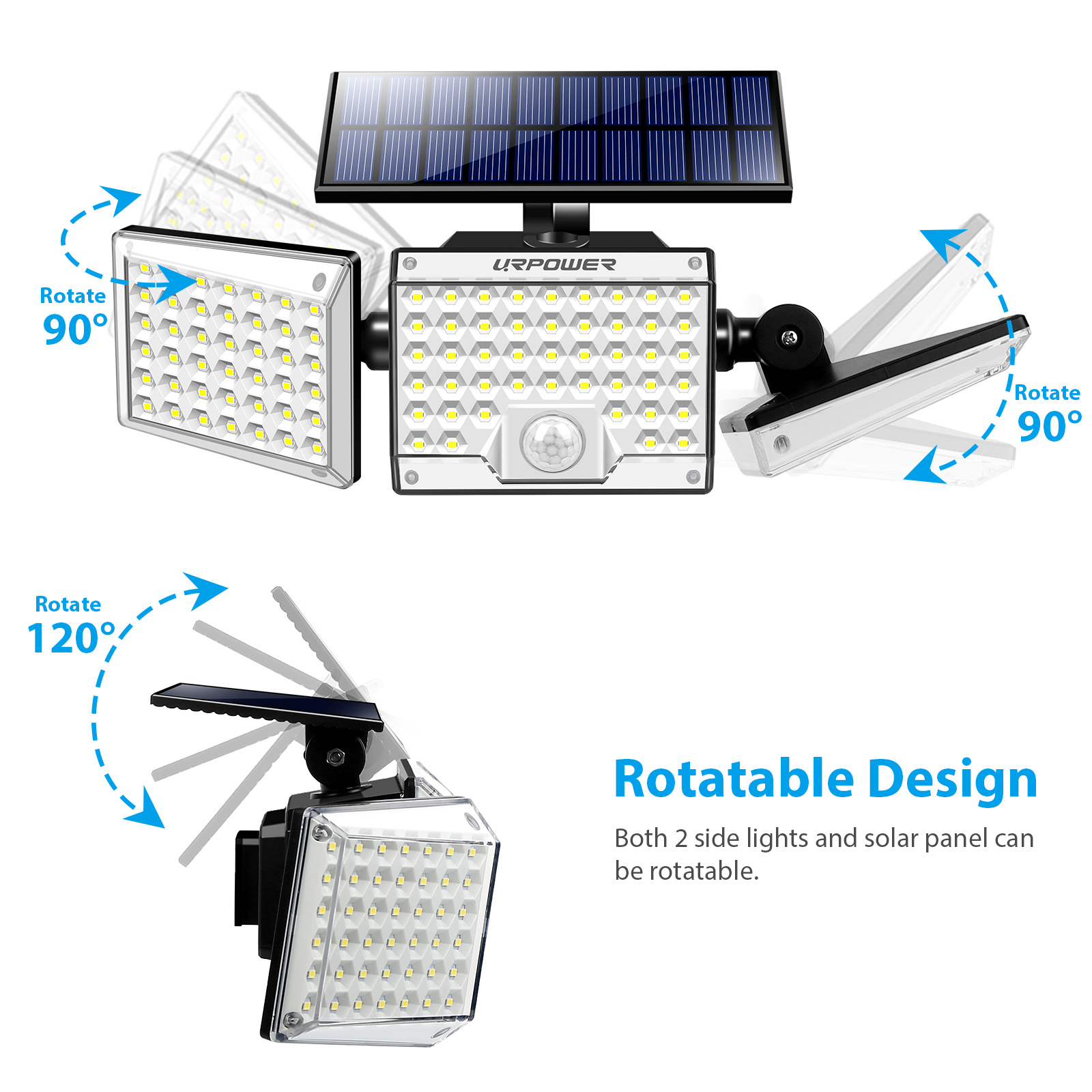 URPOWER 130 LED Solar Lights Outdoor, 1000LM 3-Head Adjustable Solar Motion Sensor Security Lights 2 Pack