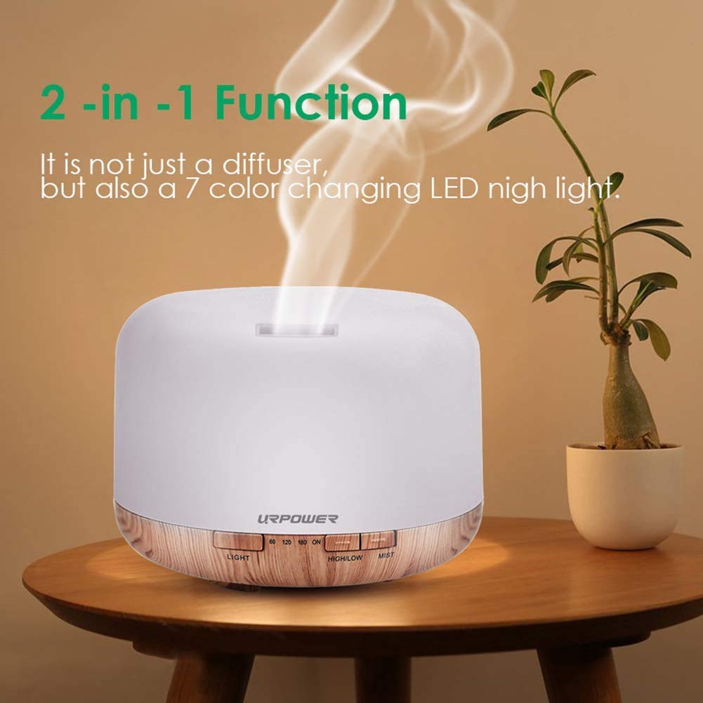 URPOWER 500ml Aromatherapy Essential Oil Diffuser Humidifier Diffusers for Essential Oils Room Decor Lighting with 4 Timer Settings, 7 Color Changing Lamps and Waterless Auto Shut-Off