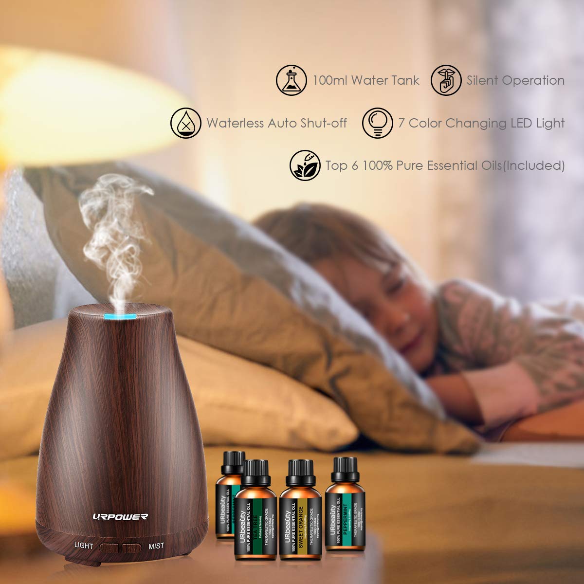 URPOWER Classical Essential Oil Diffuser with 6 Bottles 100% Pure Essential Oils, Gift Set Aroma Cool Mist Humidifier Aromatherapy Oil Diffuser Essential Oils for Home and Office