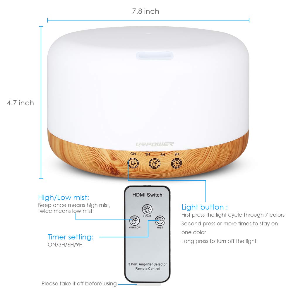 URPOWER 1000ml Essential Oil Diffuser Humidifiers Remote Control Ultrasonic Aromatherapy Diffusers Room Decor Running 20 Hours with Adjustable Mist Mode,Water-Less Auto Shut-Off & 7 Color Lights