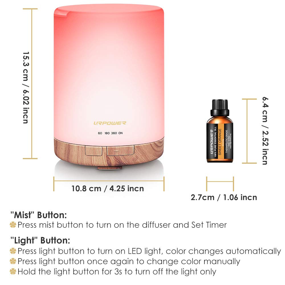 URPOWER 300ml Essential Oil Diffuser with 6 Bottles 10ml Most Popular 100% Pure Aromatherapy Essential Oils, Aroma Gift Set Cool Mist Humidifier with 15 Lighting Modes Light for Bedroom Home Office