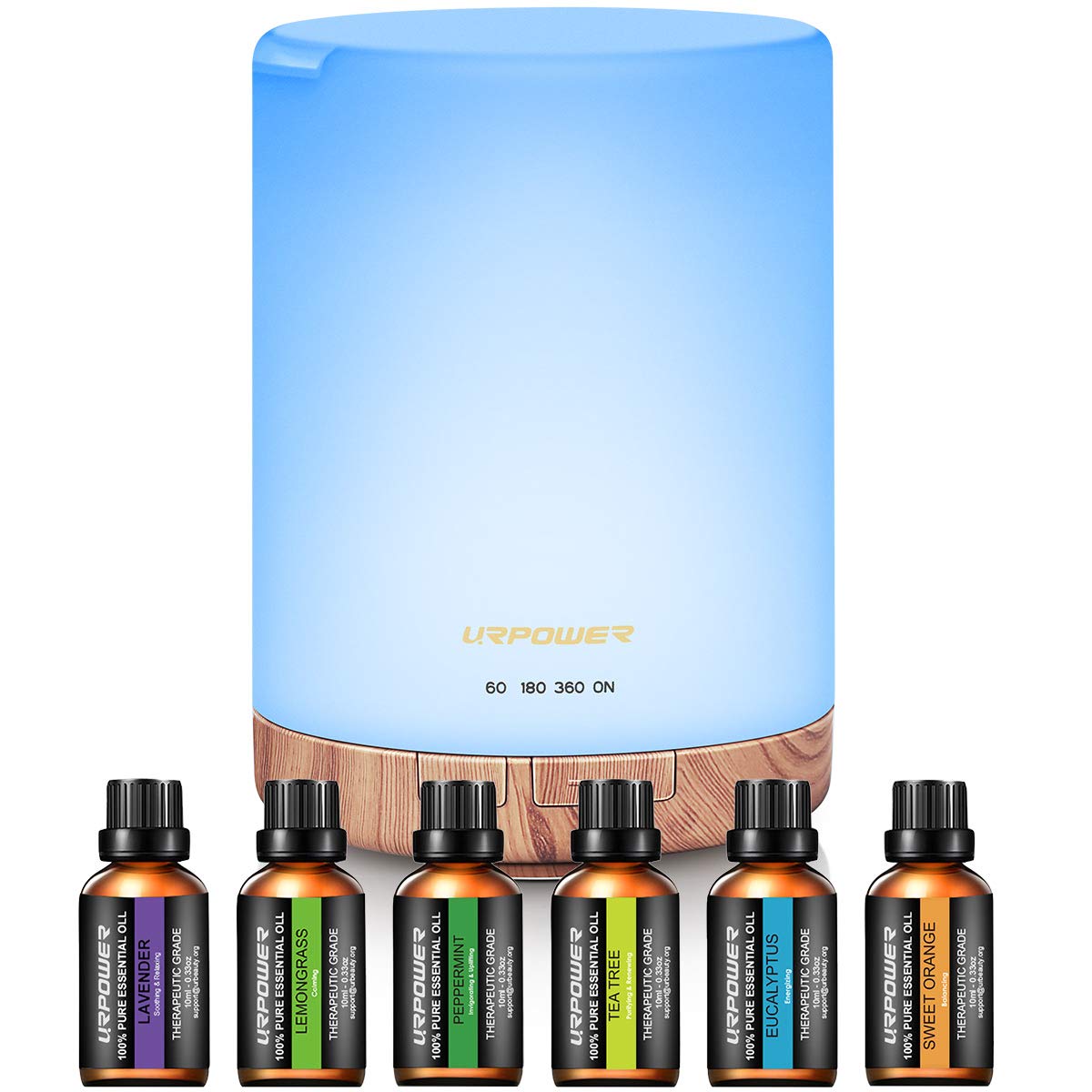 URPOWER 300ml Essential Oil Diffuser with 6 Bottles 10ml Most Popular 100% Pure Aromatherapy Essential Oils, Aroma Gift Set Cool Mist Humidifier with 15 Lighting Modes Light for Bedroom Home Office