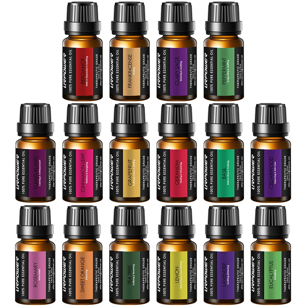URPOWER Essential Oils, 16x10ml 100% Pure Aromatherapy Essential Oil Gift Set with Lavender, Sweet Orange, Peppermint, Lemon, Rosemary, Grapefruit, etc for Essential Oil Diffuser, Massage, Spa