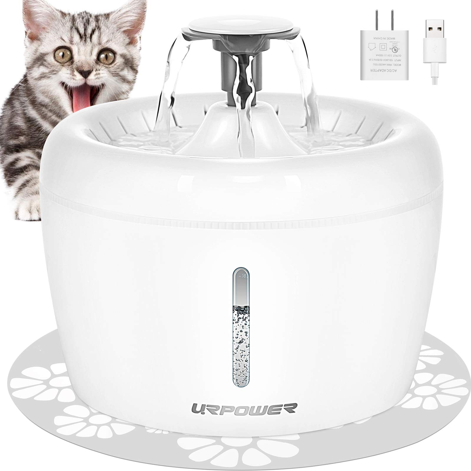 URPOWER Cat Water Fountain 84oz/2.5L Upgraded Automatic Pet Water Dispenser with Replacement Filters and Silicone Mat Dog Water Fountain with Water Level Window Cat Bowl for Cats, Dogs, Pets