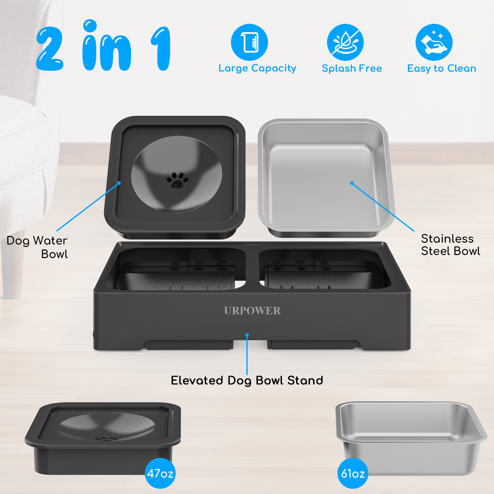 URPOWER 2-in-1 Elevated Dog Bowls 4 Height Adjustable Raised Dog Bowls with No Spill Dog Water Bowl and Stainless Steel Dog Food Bowl Non-Slip Dog Bowl Stand for Small Medium Large Dogs, Cats & Pets