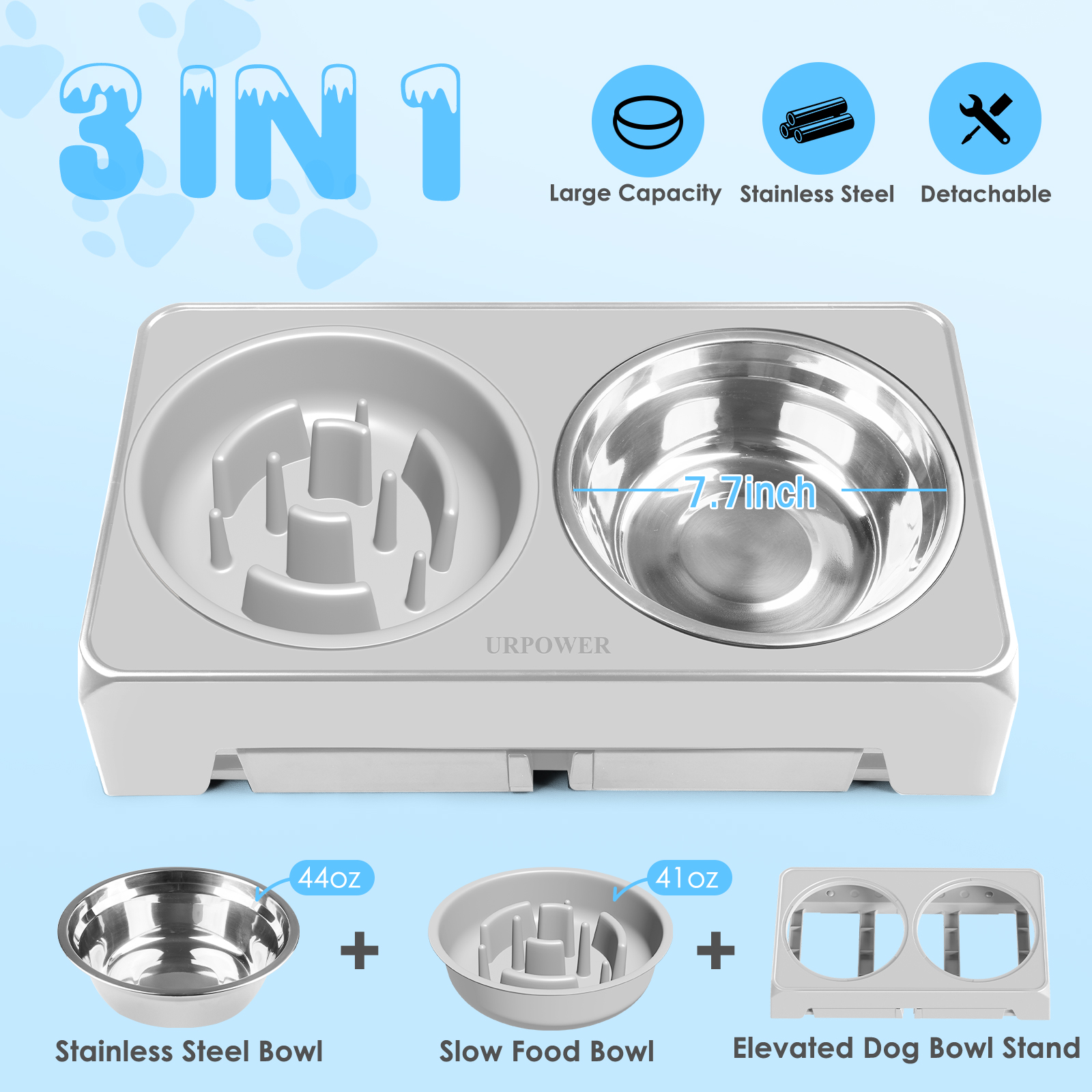 URPOWER Raised Slow Feeder Dog Bowls 4 Height Adjustable Elevated Dog Bowls with Stainless Steel Dog Water Bowl and Dog Slow Feeder Non-Slip Dog Food Bowls Stand for Small Medium Large Dogs and Pets