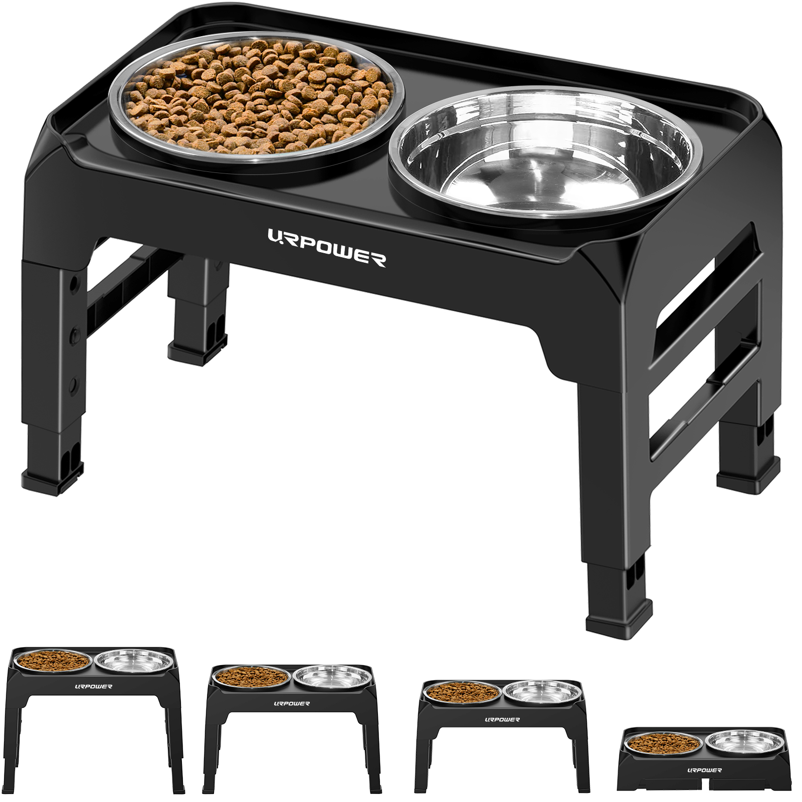 URPOWER Elevated Dog Bowls Adjustable Raised Dog Bowl with 2 Stainless Steel 1.5L Dog Food Bowls Stand Non-Slip No Spill Dog Dish Adjusts to 3 Heights 2.8”, 8”, 12”for Small Medium Large Dogs and Pets