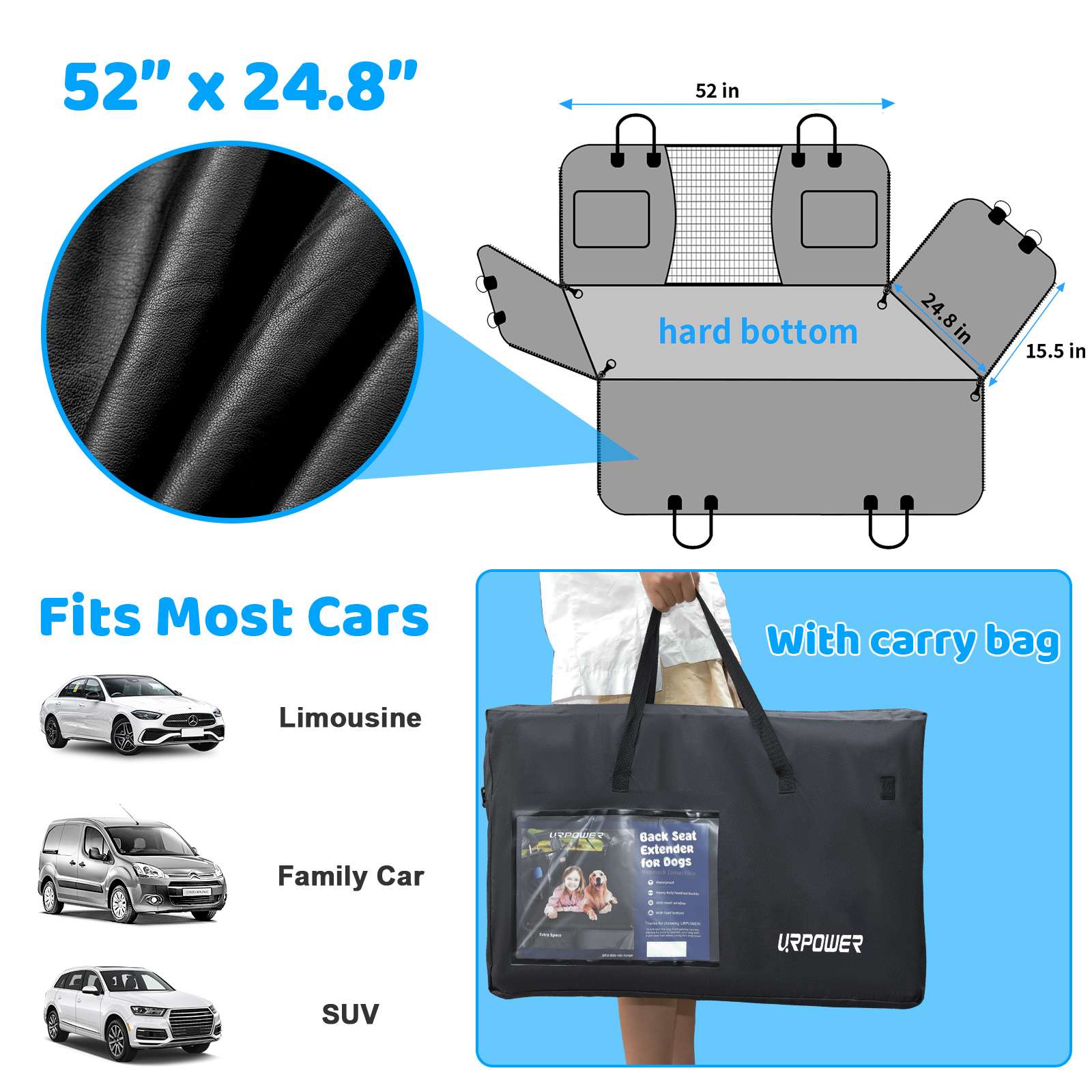 URPOWER PU Leather Back Seat Extender for Dogs – Hard Bottom Dog Car Seat Cover Holds 400 lbs, Anti-Scratch & Waterproof Dog Hammock for Full Size SUVs & Trucks, Dogs Car Bed Pet Backseat Protector