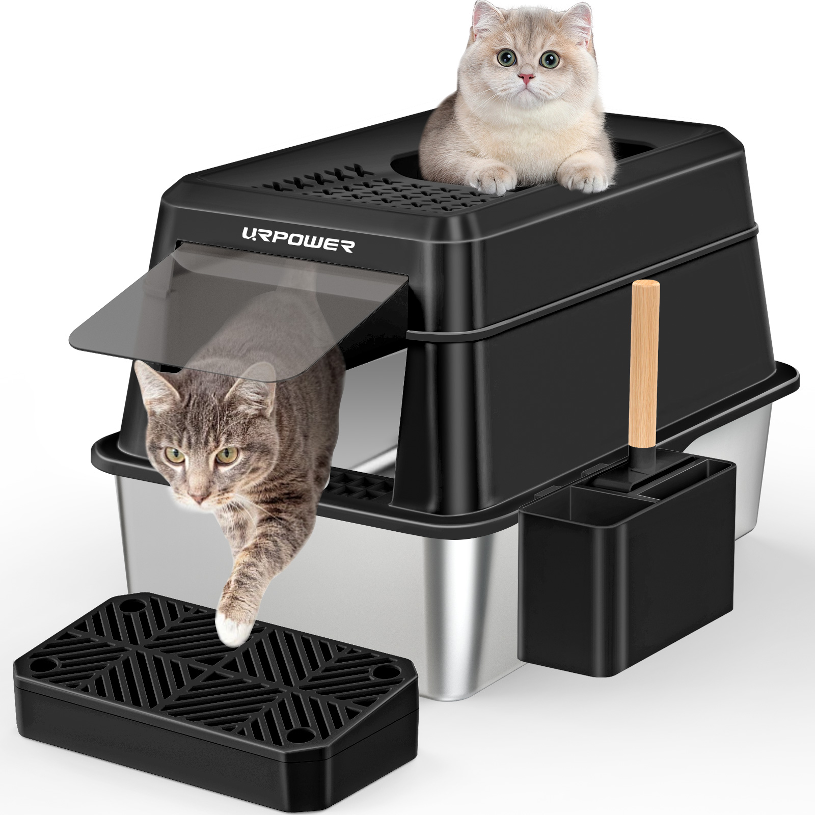 URPOWER Stainless Steel Cat Litter Box with Lid Extra Large Enclosed Litter Box for Cats Non-Sticky Metal Pan with High Sided Enclosure & Scoop, Front & Top Entry, Anti-Leakage, Easy Cleaning