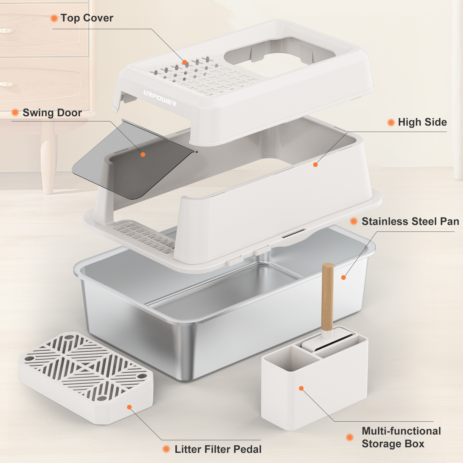URPOWER Stainless Steel Cat Litter Box with Lid Extra Large Enclosed Litter Box for Cats Non-Sticky Metal Pan with High Sided Enclosure & Scoop, Front & Top Entry, Anti-Leakage, Easy Cleaning