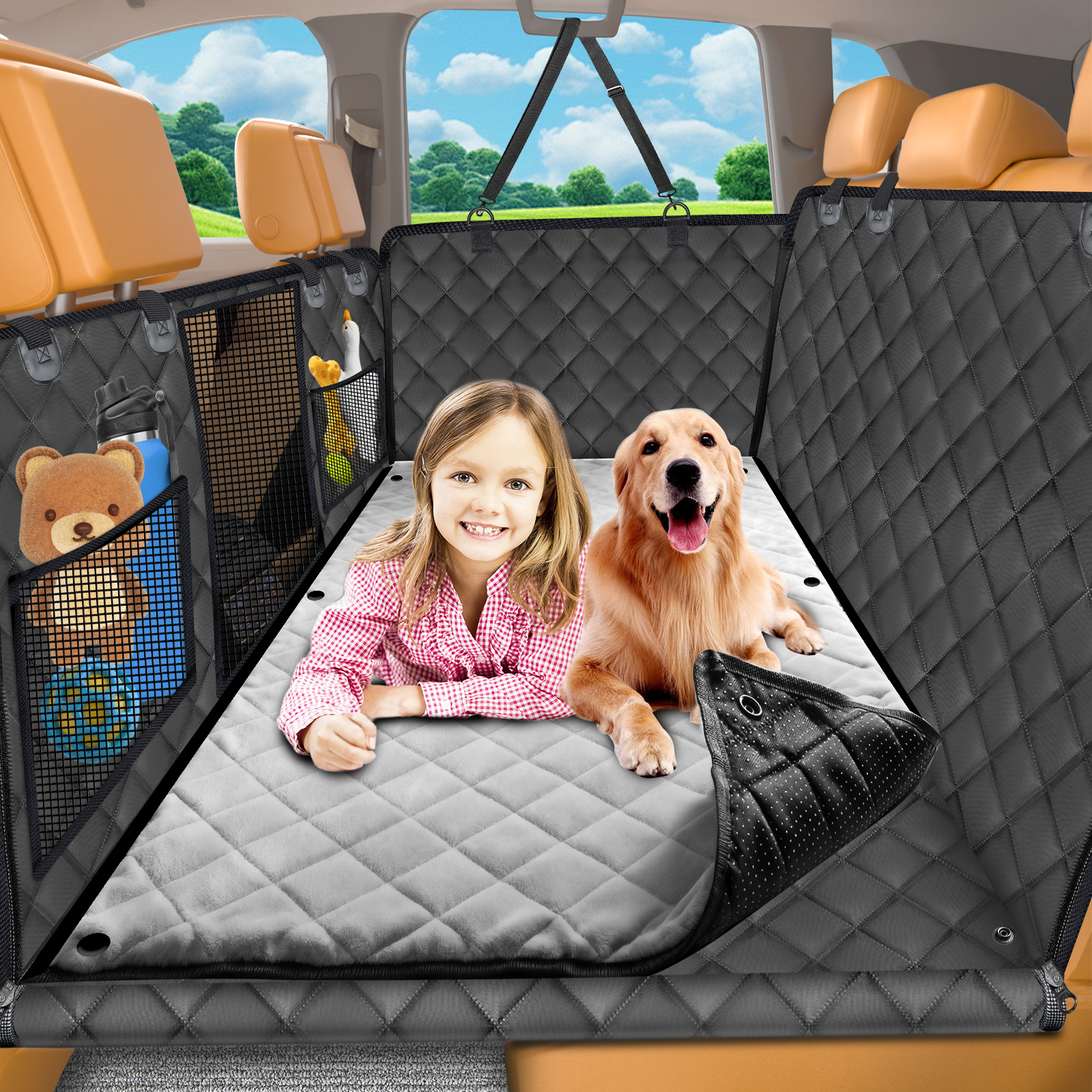 URPOWER Dogs Back Seat Extender with Non-Slip Blanket - Hard Bottom Dog Car Seat Cover & Removable Dog Bed Mat, Waterproof Dogs Hammock for Car, SUV & Small Truck, Pet Backseat Protector Holds 420lbs