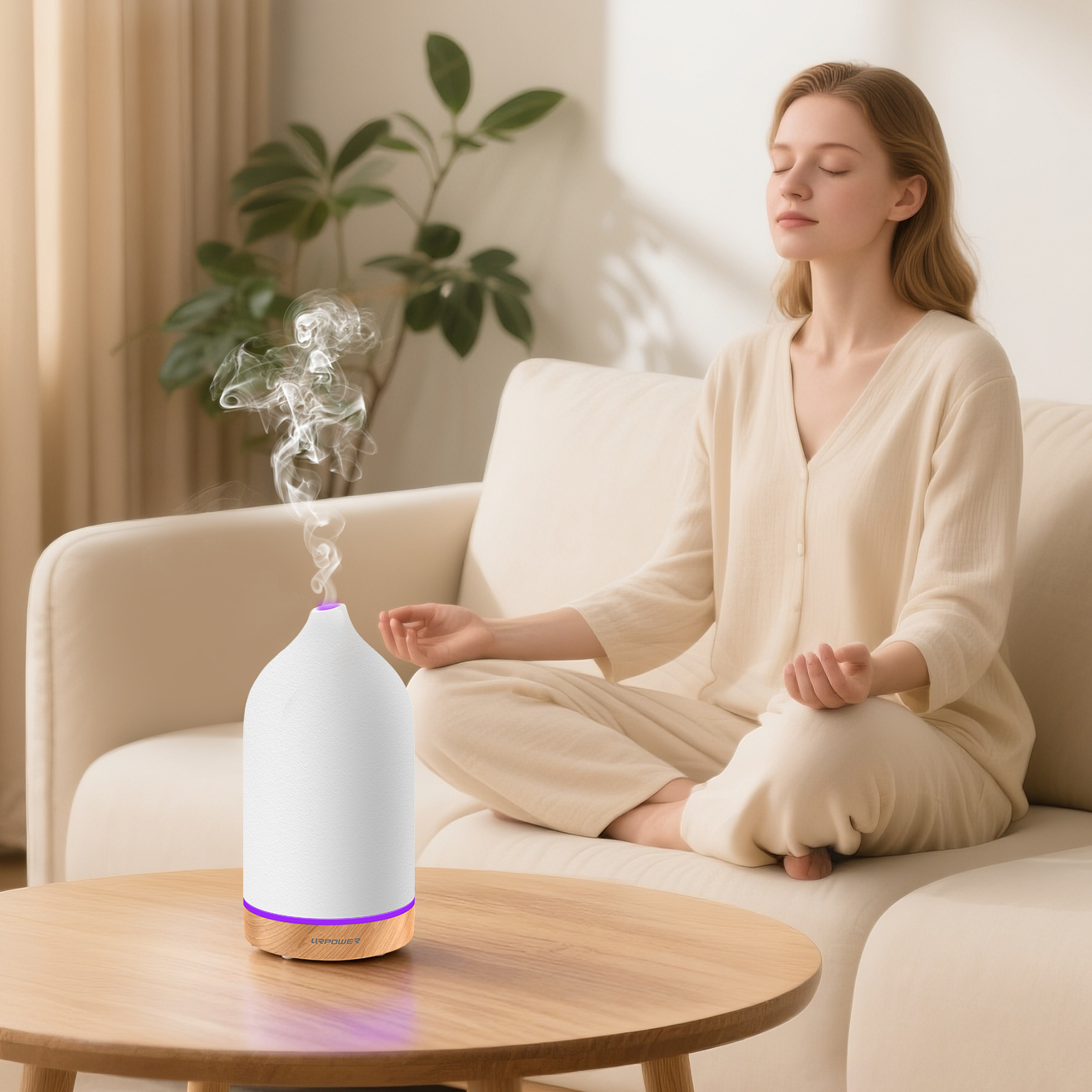 URPOWER 120ML Ceramic Essential Oil Diffuser Ultrasonic Aromatherapy Diffuser with Wood Grain Base, 7-Color LED Lights Auto Shut-Off, Humidifier for Home & Office, Air Diffuser for Relaxation