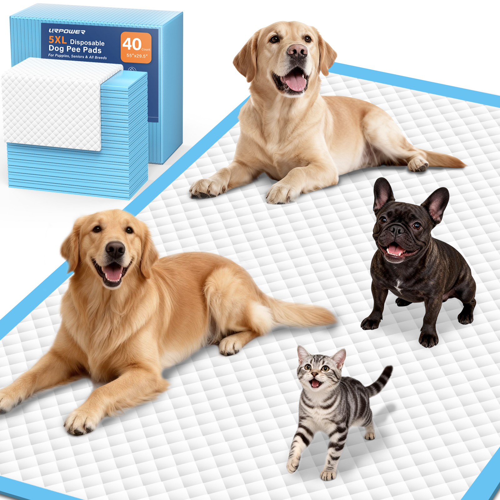 URPOWER Extra Large Dog Pee Pads 55"x29.5" 40 Count, 5XL Super Absorbent Puppy Pads Disposable Potty Training Pads for Dogs & Cats, Leak-Proof Wee Wee Pads, Pet Pee Pads for Car, Crate, Sofa