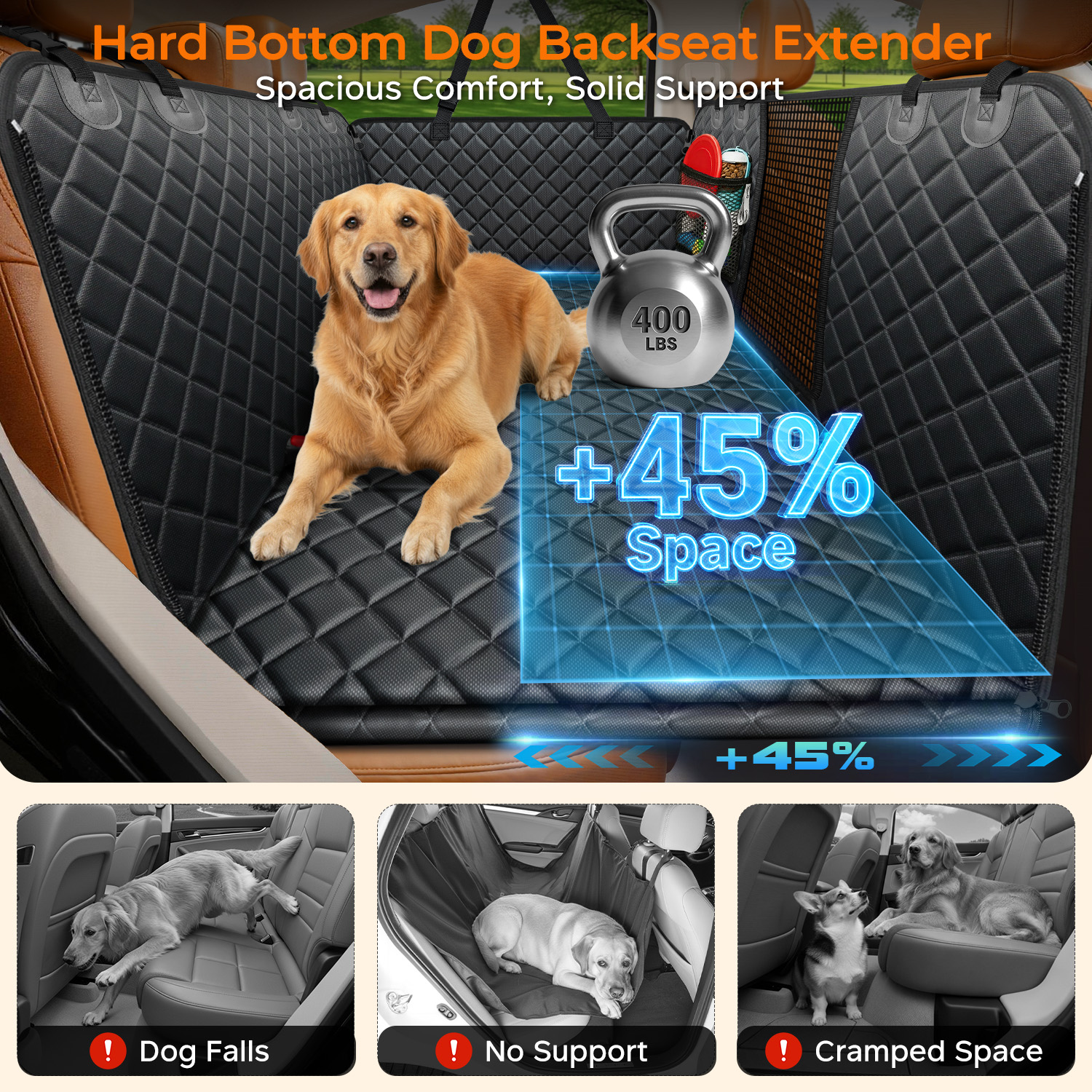 URPOWER Backseat Extender for Dogs - Hard Bottom Dog Car Seat Cover for Back Seat, Dog Hammock for Car and SUV, Pet Rear Seat Protector Dogs Travel Bed with Mesh Window & Side Flaps