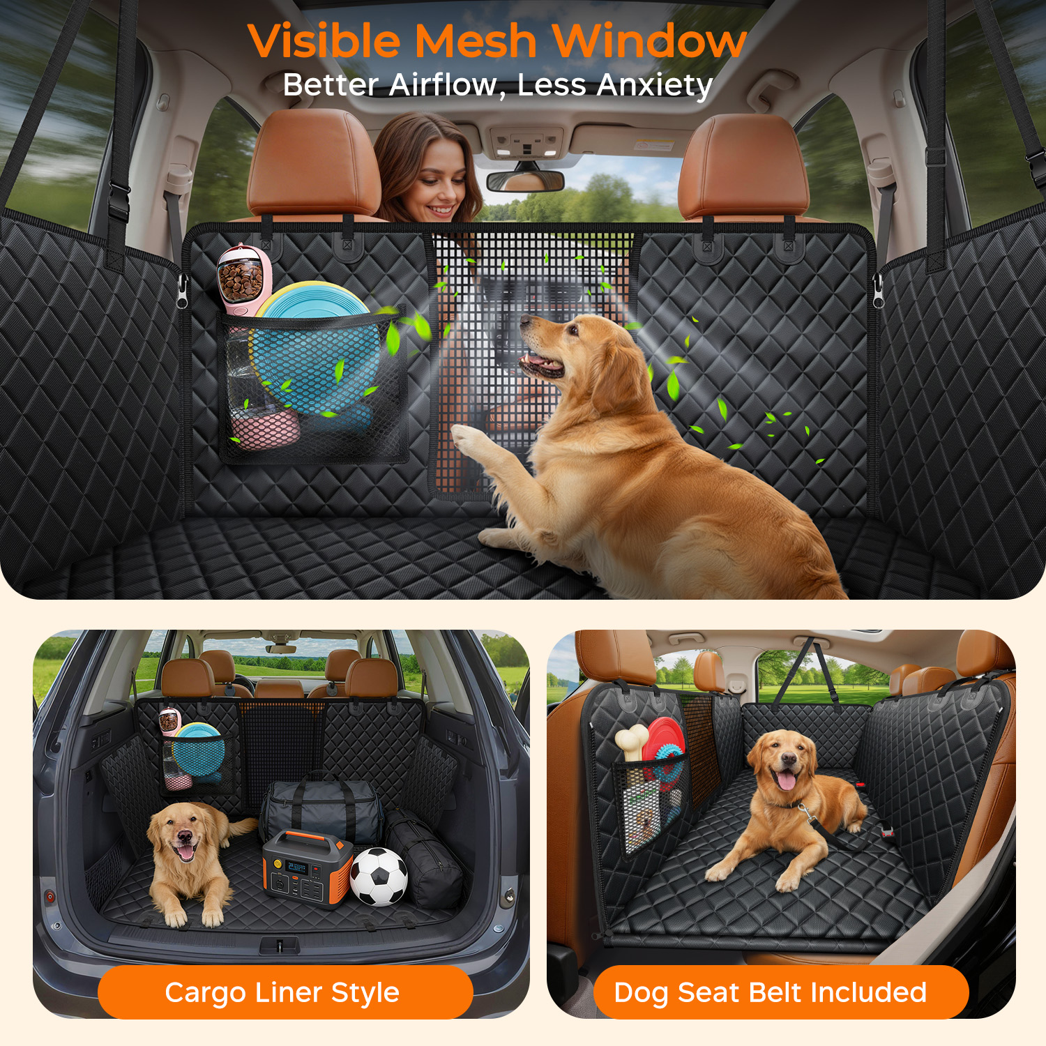 URPOWER Backseat Extender for Dogs - Hard Bottom Dog Car Seat Cover for Back Seat, Dog Hammock for Car and SUV, Pet Rear Seat Protector Dogs Travel Bed with Mesh Window & Side Flaps