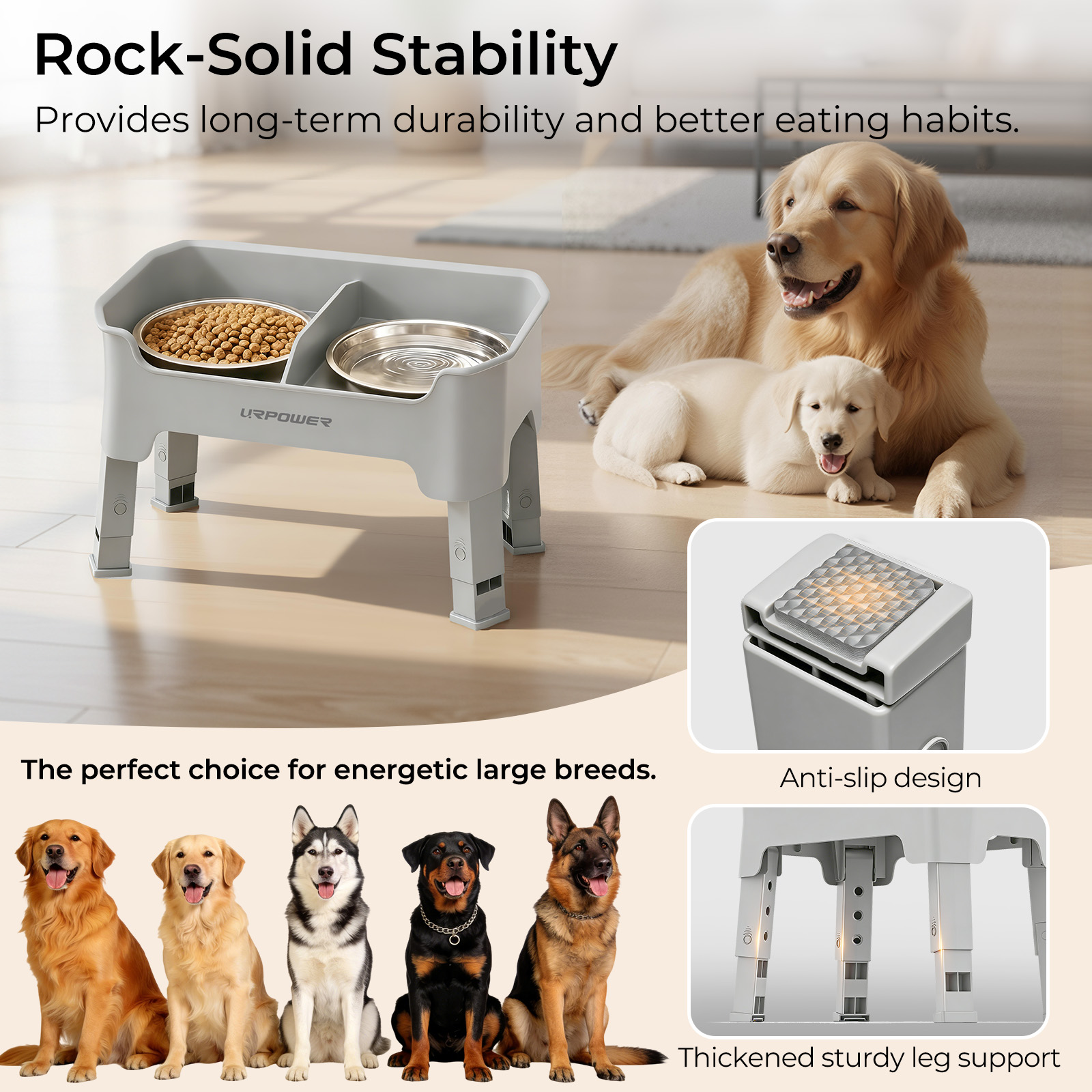 URPOWER Mess Proof Elevated Dog Bowls, Splash Guard Raised Bowl Stand, Medium, Light Grey