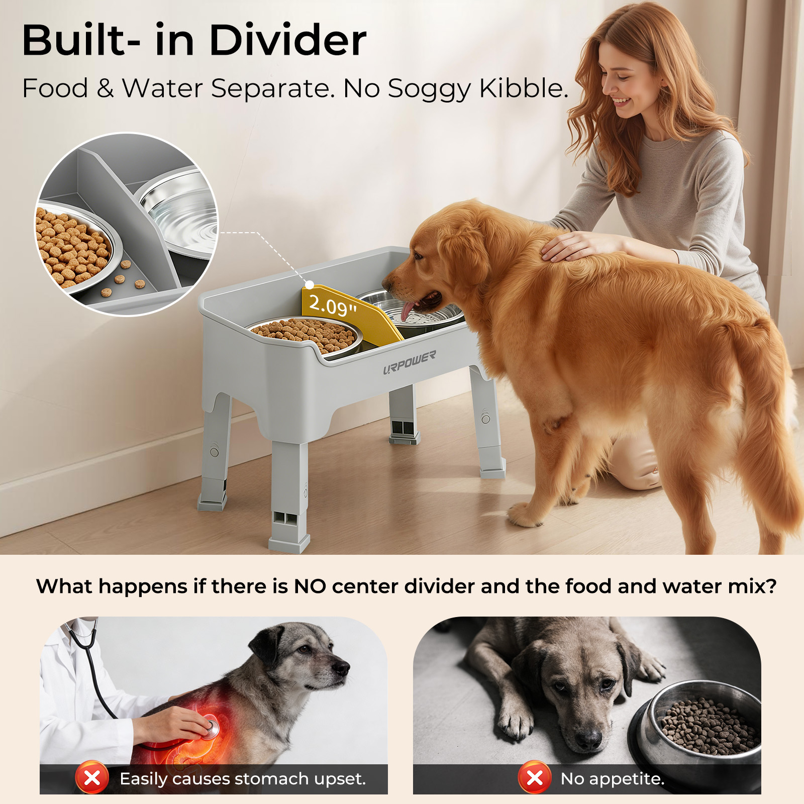 URPOWER Mess Proof Elevated Dog Bowls, Splash Guard Raised Bowl Stand, Medium, Light Grey