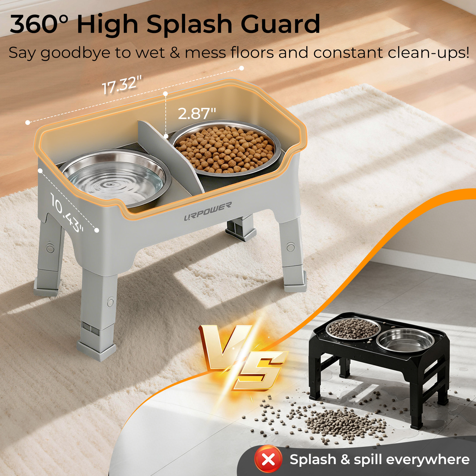 URPOWER Mess Proof Elevated Dog Bowls, Splash Guard Raised Bowl Stand, Medium, Light Grey