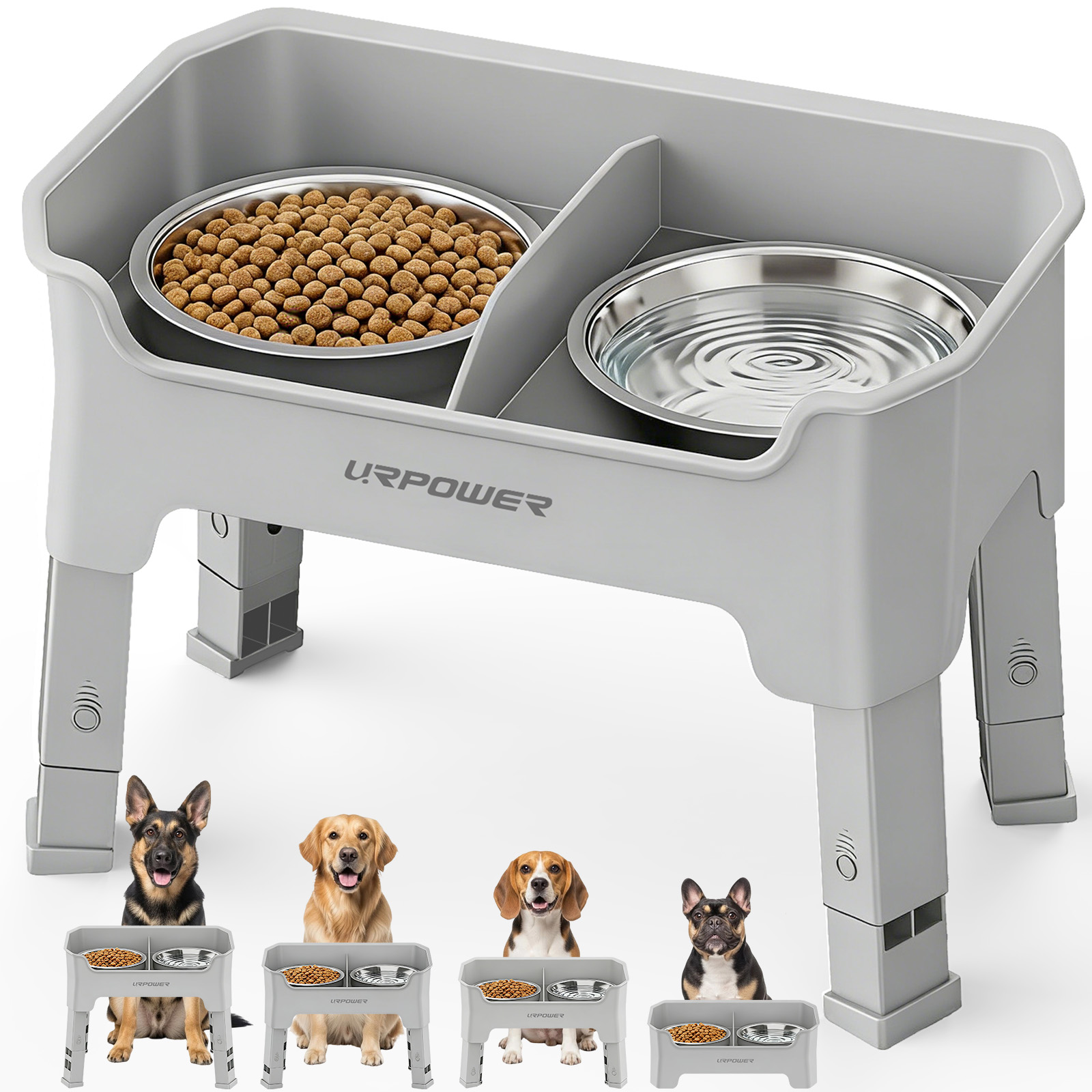 URPOWER Mess Proof Elevated Dog Bowls, Splash Guard Raised Bowl Stand, Medium, Light Grey